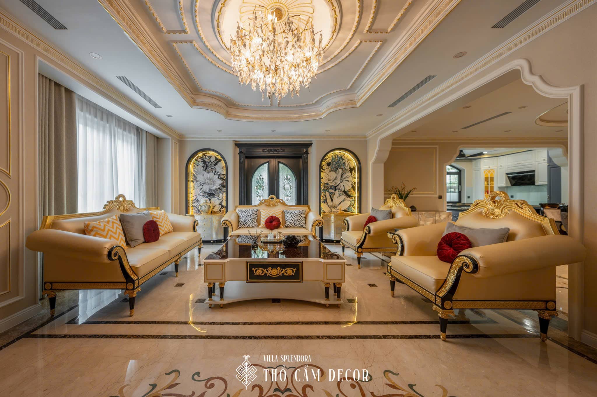 bộ sofa da cao cấp do thổ cẩm decor làm