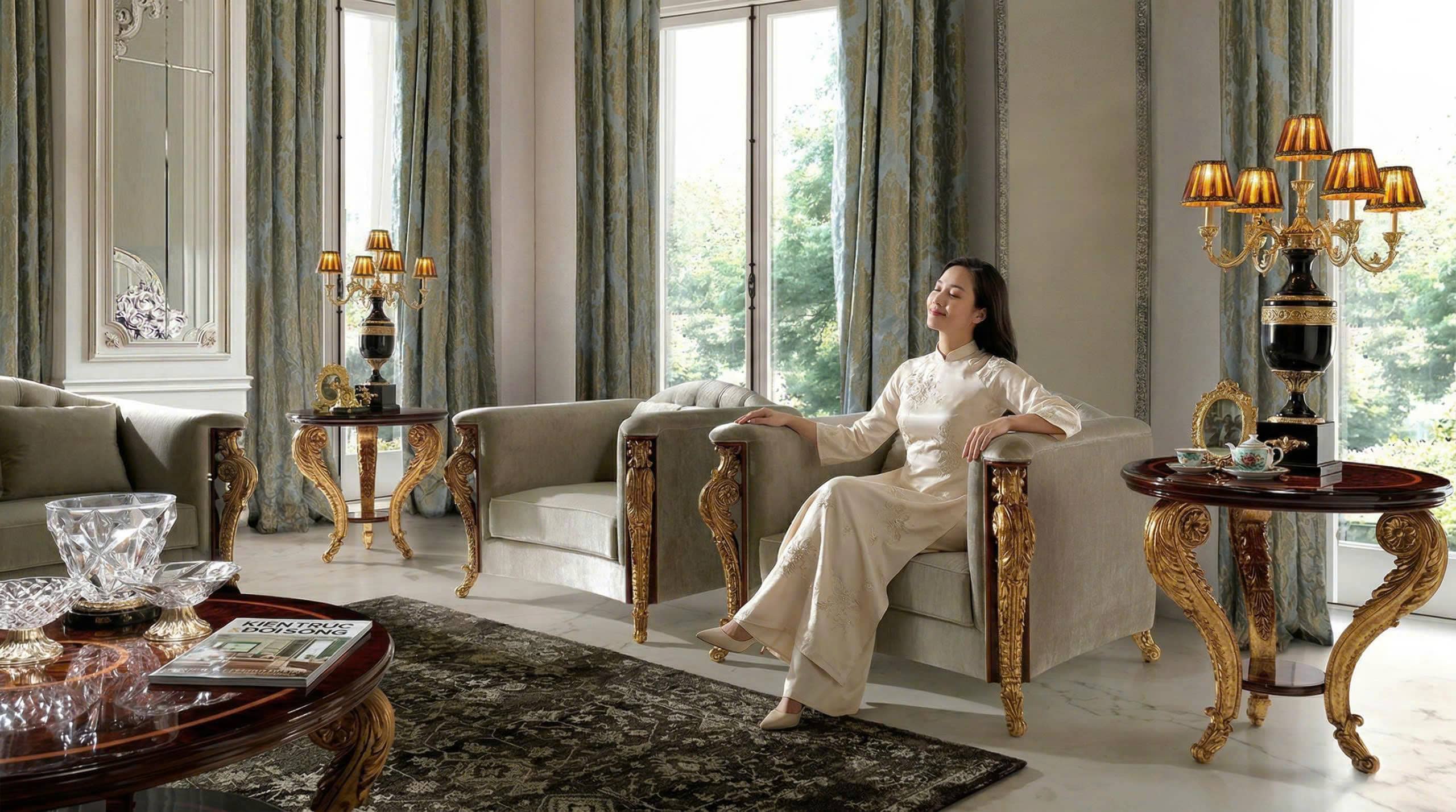 hình ảnh nội thất phòng khách tân cổ điển- thổ cẩm decor