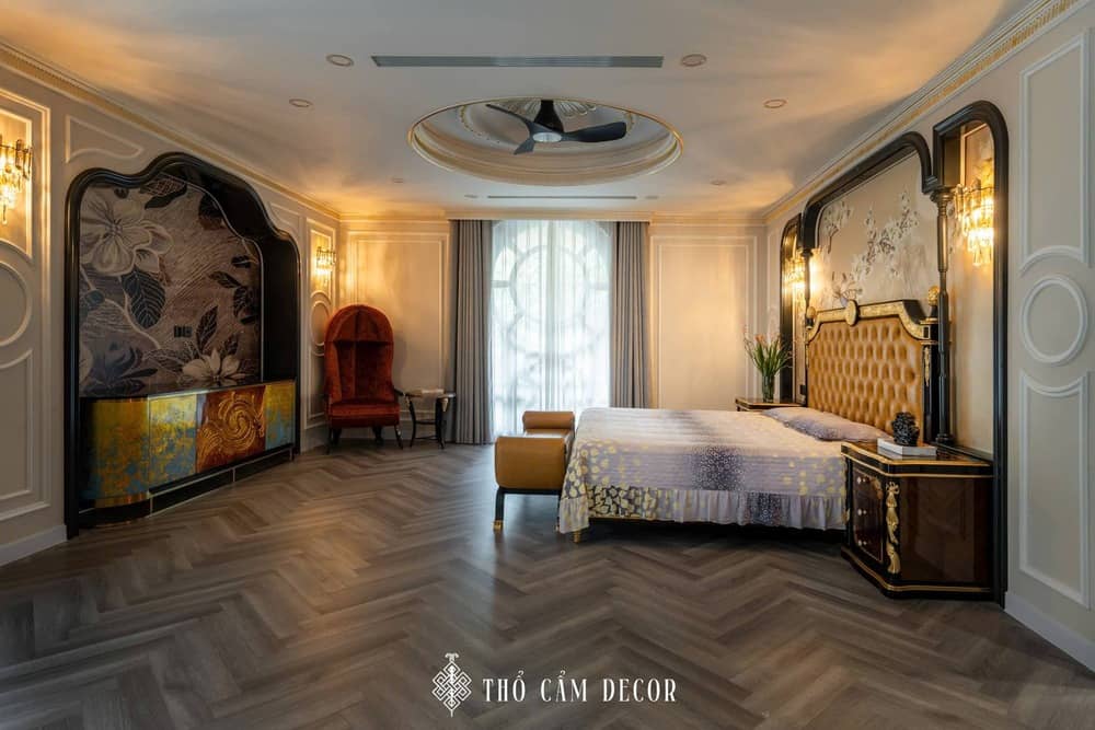 Mẫu thiết kế nội thất biệt thự phòng ngủ thổ cẩm decor